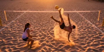 Footvolley players executing a high-intensity drill on a beach court, showcasing agility and athletic prowess.
