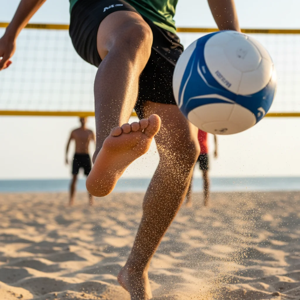 Footvolley player demonstrating precise foot-to-ball contact for back-row attack.