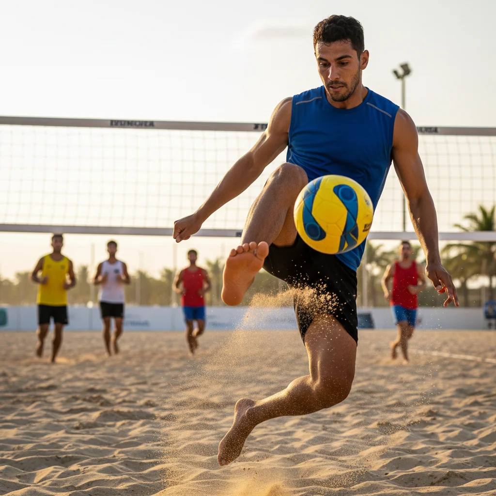 Futevôli player demonstrating perfect serving technique on the court.