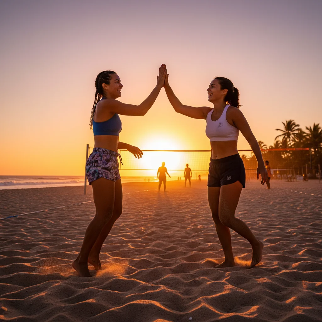 Female futevôli players celebrating a point with high-five.