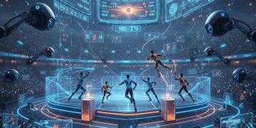 Futuristic sports arena with advanced player tracking cameras and data overlays.