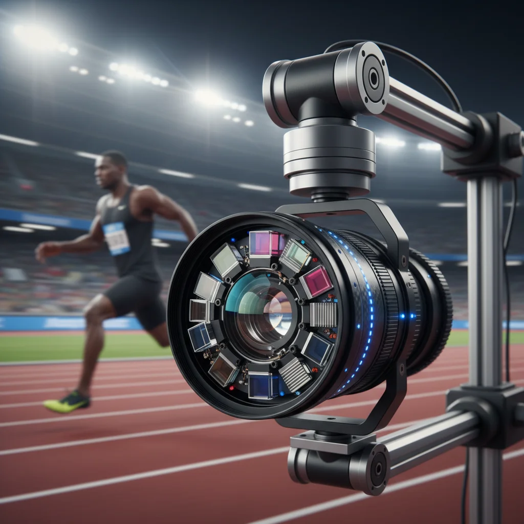 Close-up of a high-resolution multi-spectral camera lens for sports tracking.