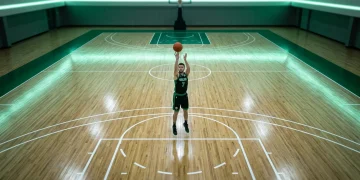 Vista aérea de um jogador de basquete em uniforme verde e preto, realizando um arremesso, com as linhas da quadra destacando a biomecânica do movimento e a cadeia cinética.