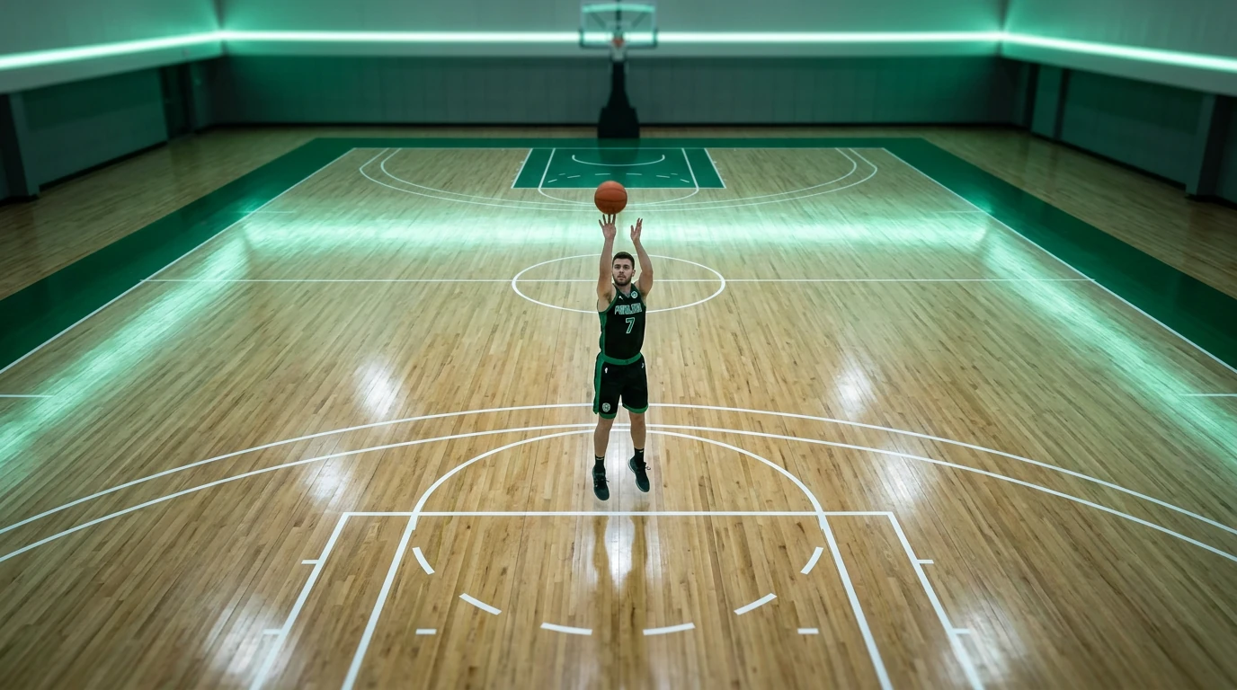 Vista aérea de um jogador de basquete em uniforme verde e preto, realizando um arremesso, com as linhas da quadra destacando a biomecânica do movimento e a cadeia cinética.
