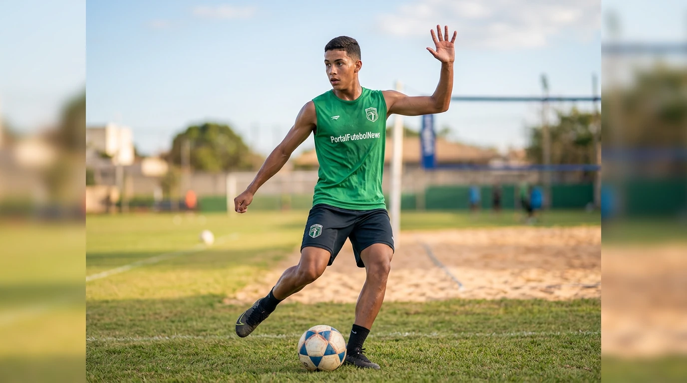 Jovem atleta versátil em movimento, simbolizando a transição entre futebol e vôlei em um campo de treino ao ar livre, com foco na mentalidade de campeão e no desenvolvimento de habilidades.