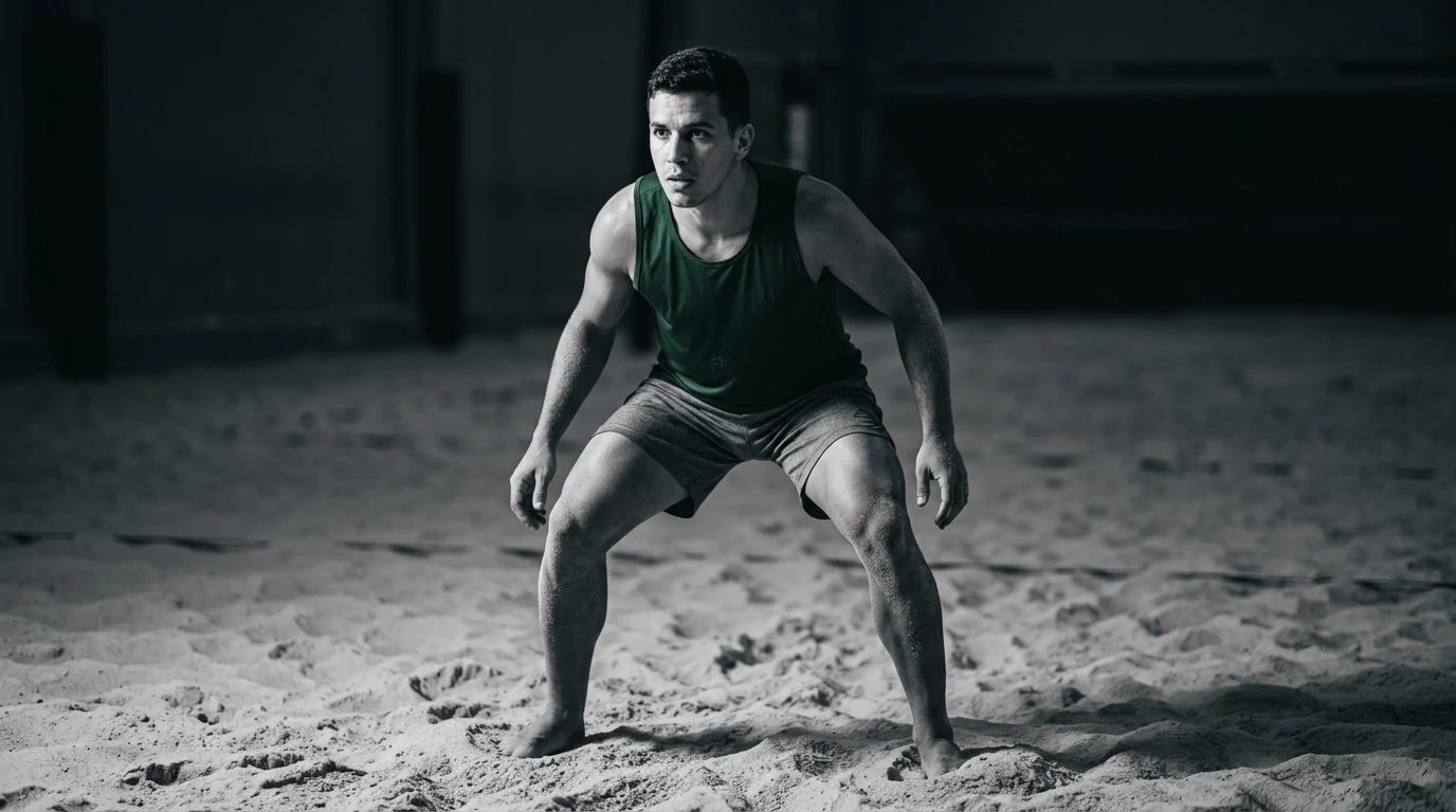 Atleta de futevôlei em quadra de areia escura, em postura defensiva, com iluminação dramática destacando a tensão nos quadris e ombros, focando na leitura de jogo. O atleta veste um top atlético verde e shorts de areia.
