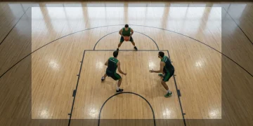 Vista aérea de uma quadra de basquete com três jogadores em formação tática ofensiva, ilustrando uma estratégia de elite no jogo.