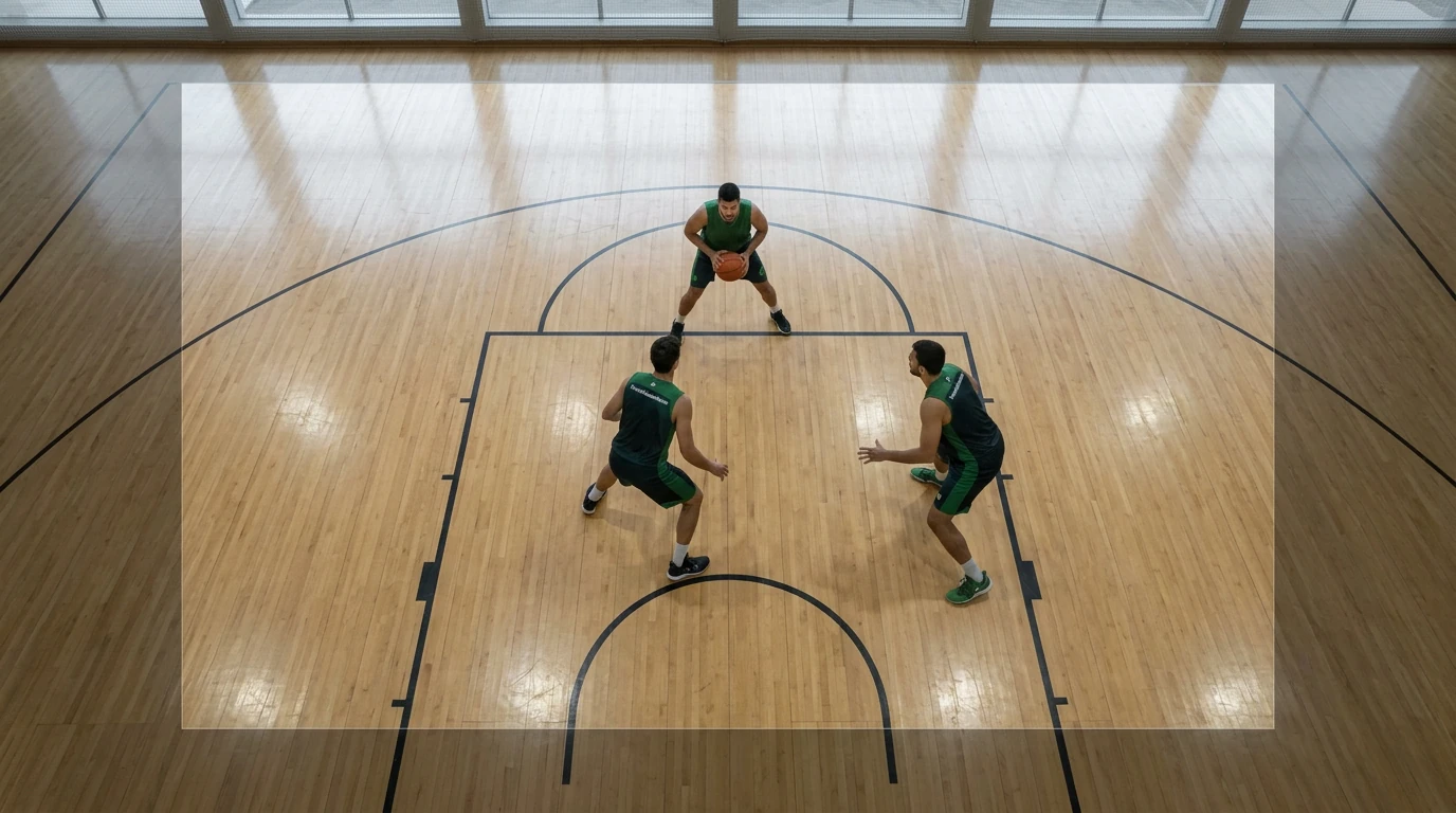 Vista aérea de uma quadra de basquete com três jogadores em formação tática ofensiva, ilustrando uma estratégia de elite no jogo.