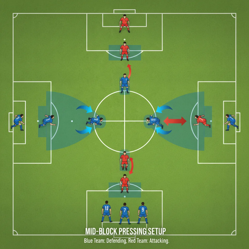 Mid-block pressing diagram showing player positioning and movement in a soccer defensive strategy.