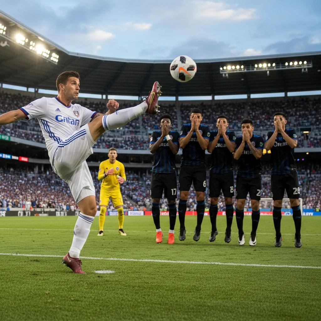 MLS player executing a powerful free kick over a defensive wall towards goal.