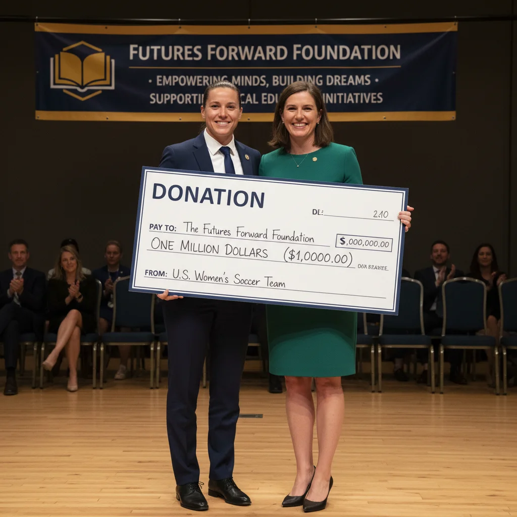 Female US soccer captain presenting a donation to an educational charity, supporting community learning.