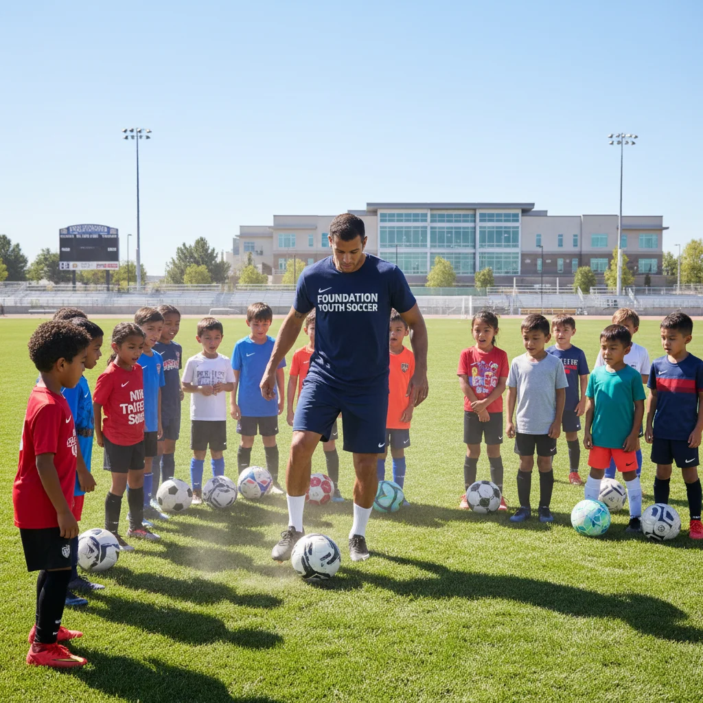 Male US soccer captain teaching youth at a community soccer clinic, promoting sports development.
