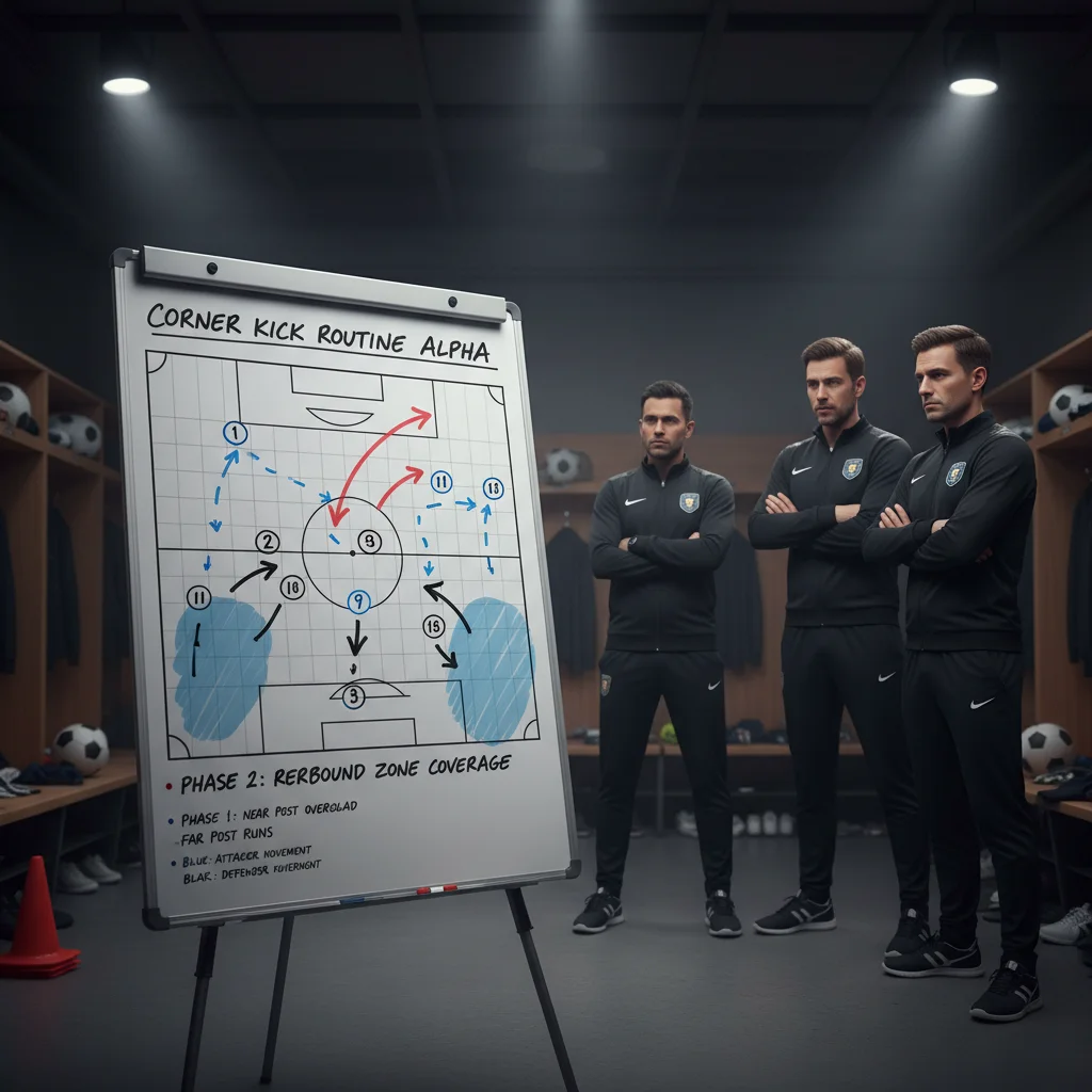 Coaching staff analyzing a tactical whiteboard with a set piece strategy for a corner kick.
