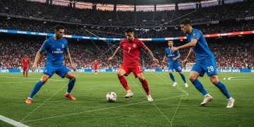 Soccer players in a 4-3-3 formation executing a tactical play on a well-maintained field in a US stadium.